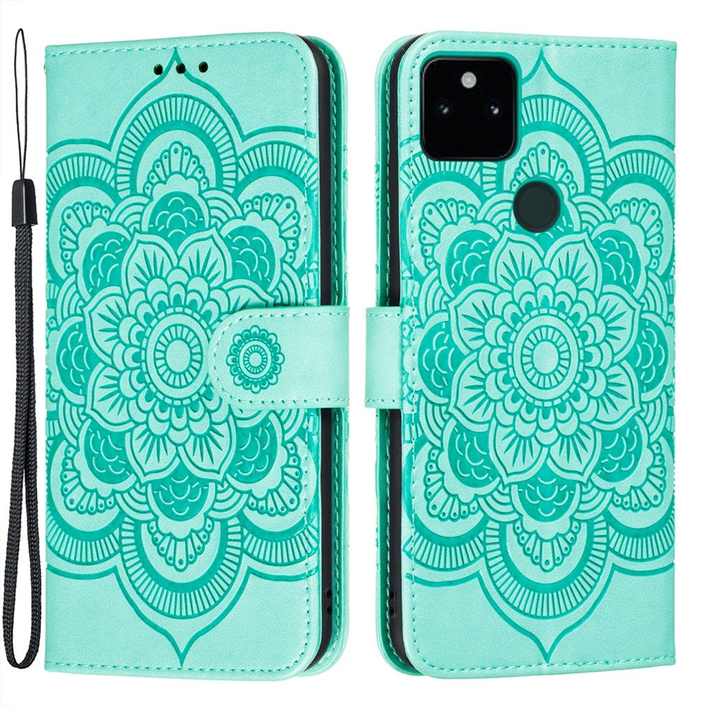 Imprint Mandala Flower Stand Leather Case with Strap for Google Pixel 5a 5G - Green-1