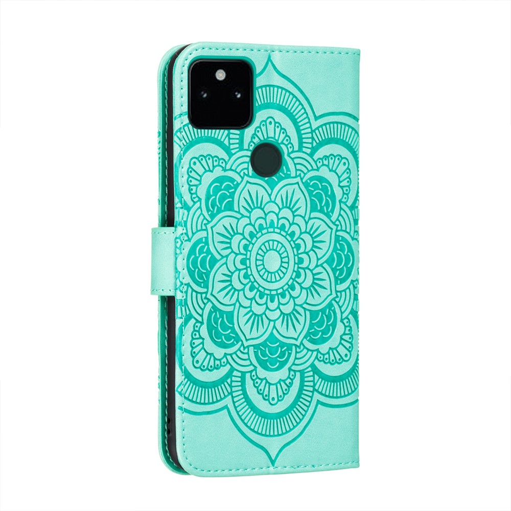 Imprint Mandala Flower Stand Leather Case with Strap for Google Pixel 5a 5G - Green-3