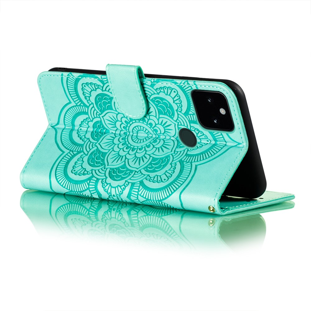 Imprint Mandala Flower Stand Leather Case with Strap for Google Pixel 5a 5G - Green-5