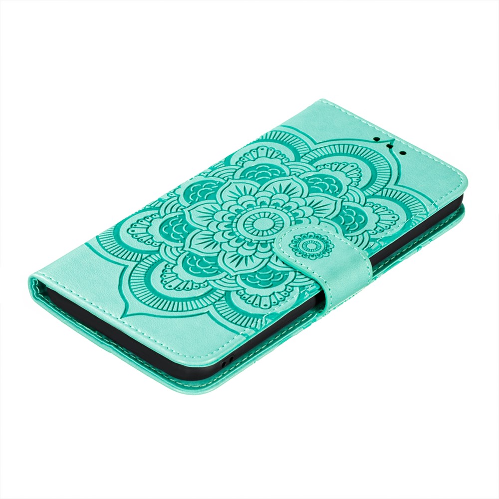 Imprint Mandala Flower Stand Leather Case with Strap for Google Pixel 5a 5G - Green-7