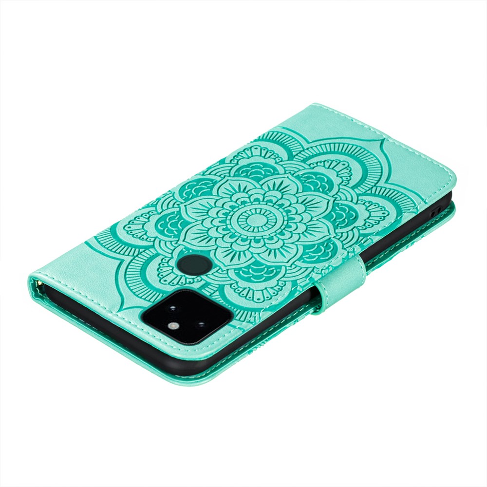 Imprint Mandala Flower Stand Leather Case with Strap for Google Pixel 5a 5G - Green-8