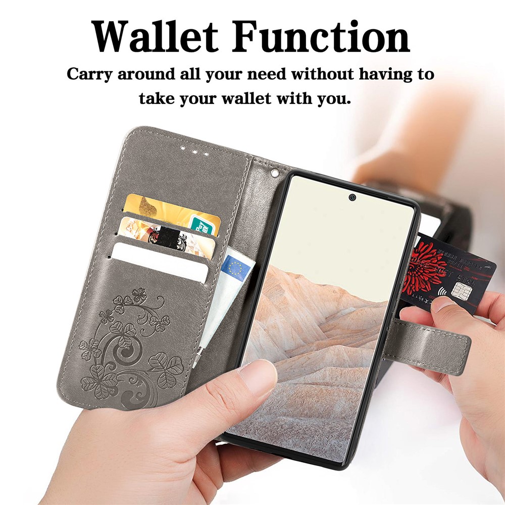 PU Leather Four-leaf Clover Imprinted Wallet Stand Phone Case Protector for Google Pixel 6 - Grey-3