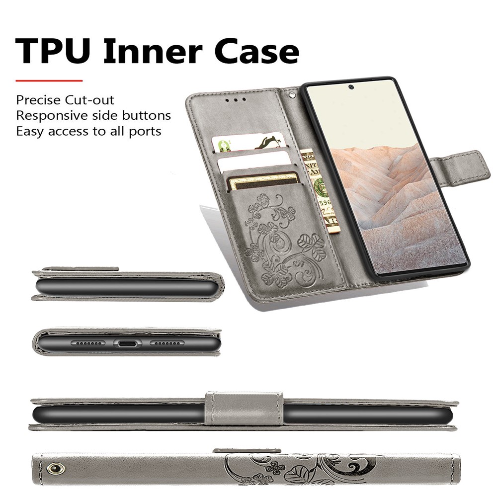 PU Leather Four-leaf Clover Imprinted Wallet Stand Phone Case Protector for Google Pixel 6 - Grey-4