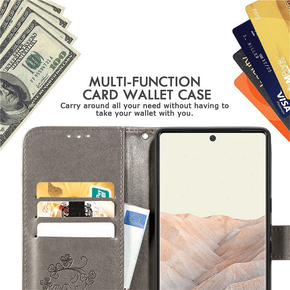 PU Leather Four-leaf Clover Imprinted Wallet Stand Phone Case Protector for Google Pixel 6 - Grey-7