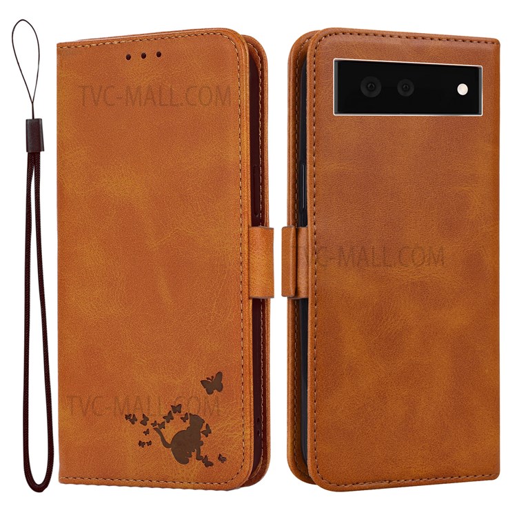 Practical Wallet Stand Design Imprinted Cat and Butterfly Phone Cover Shell with Strap for Google Pixel 6 - Orange-1