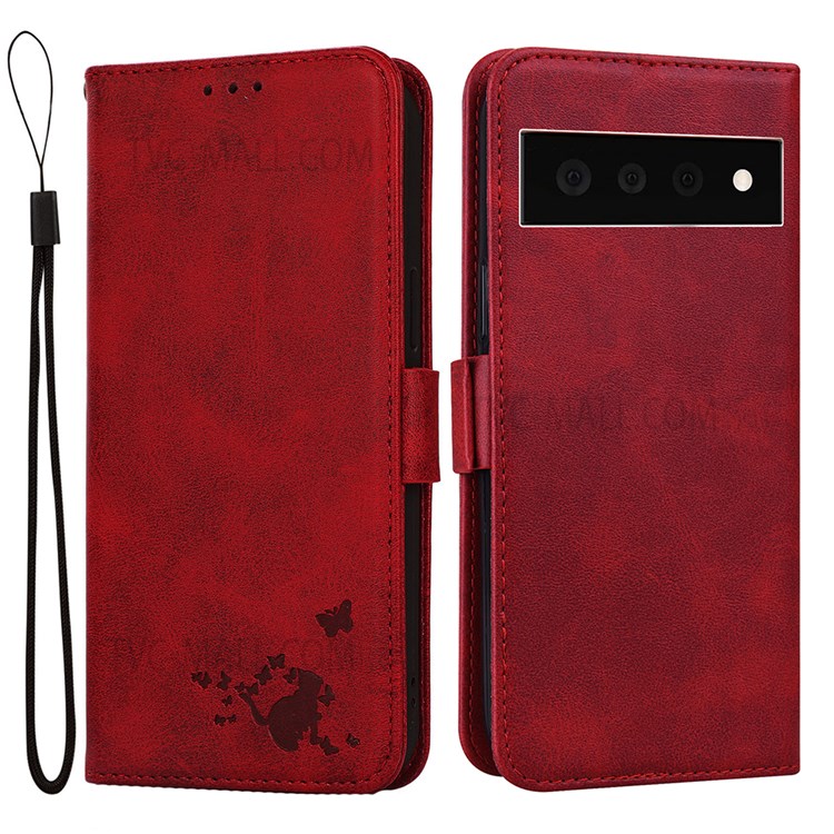 For Google Pixel 6 Pro Cute Imprinted Cat and Butterfly Wallet Stand Design Phone Cover Shell with Strap - Red-1