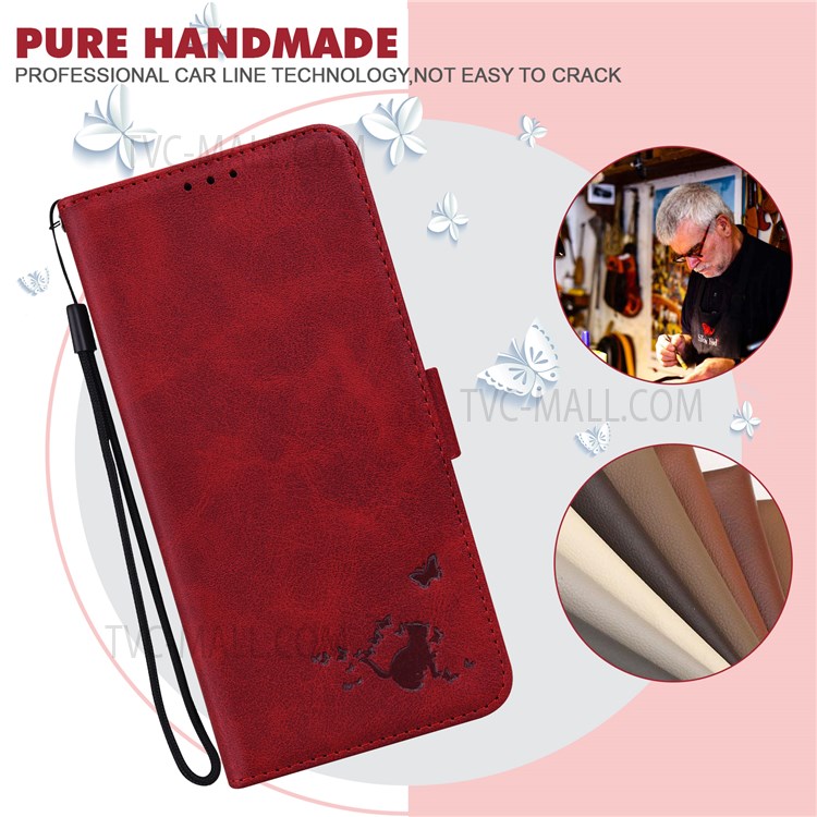For Google Pixel 6 Pro Cute Imprinted Cat and Butterfly Wallet Stand Design Phone Cover Shell with Strap - Red-6