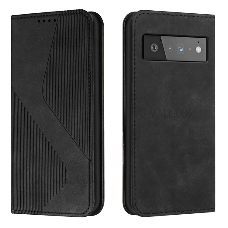Fall-resistant S-shaped Texture Auto-absorbed Folio Flip Leather Wallet Stand Case for Google Pixel 6 - Black-1