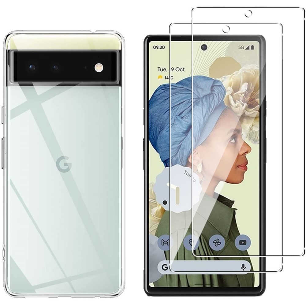 Clear Soft TPU Anti-Fingerprint Protective Phone Case with 2 Pack Tempered Glass Screen Protector for Google Pixel 6-1