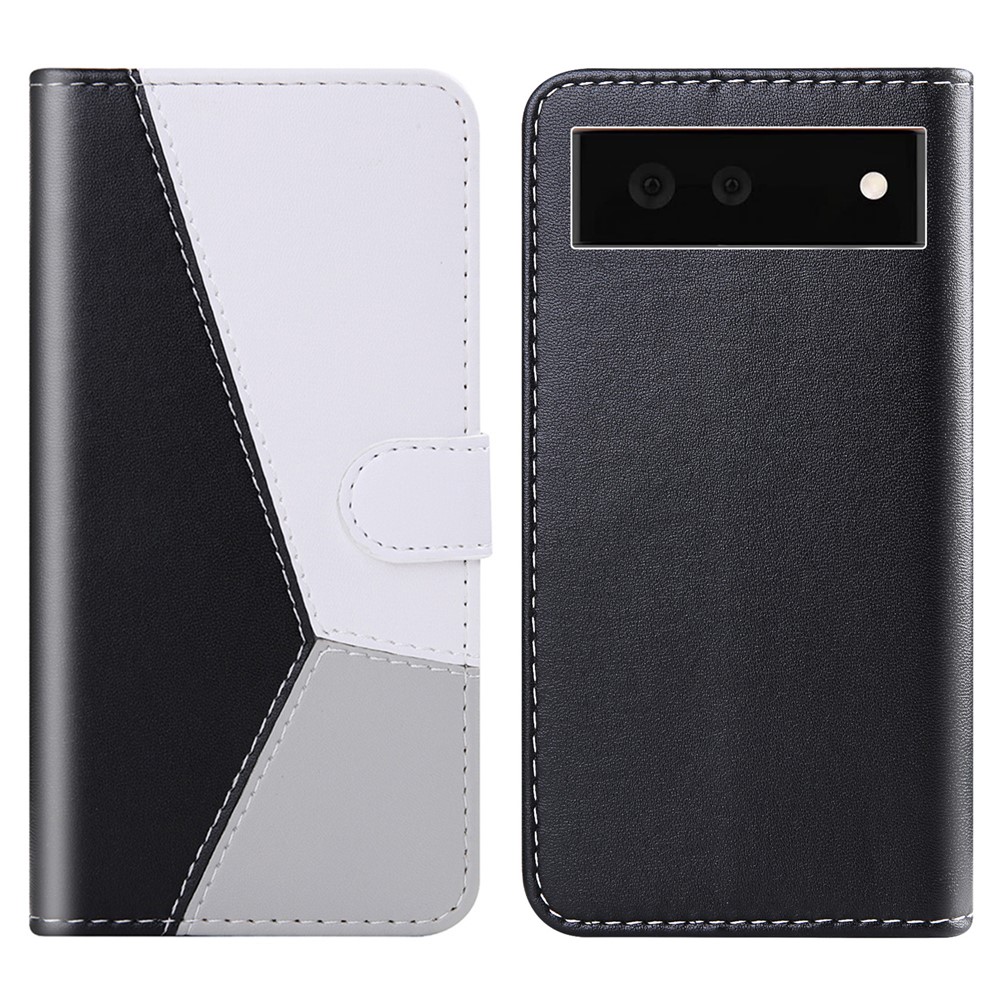 Stylish Tri-color Splicing Design Stand Wallet Full Protection Leather Cover Phone Case for Google Pixel 6 - Black/White/Grey-1