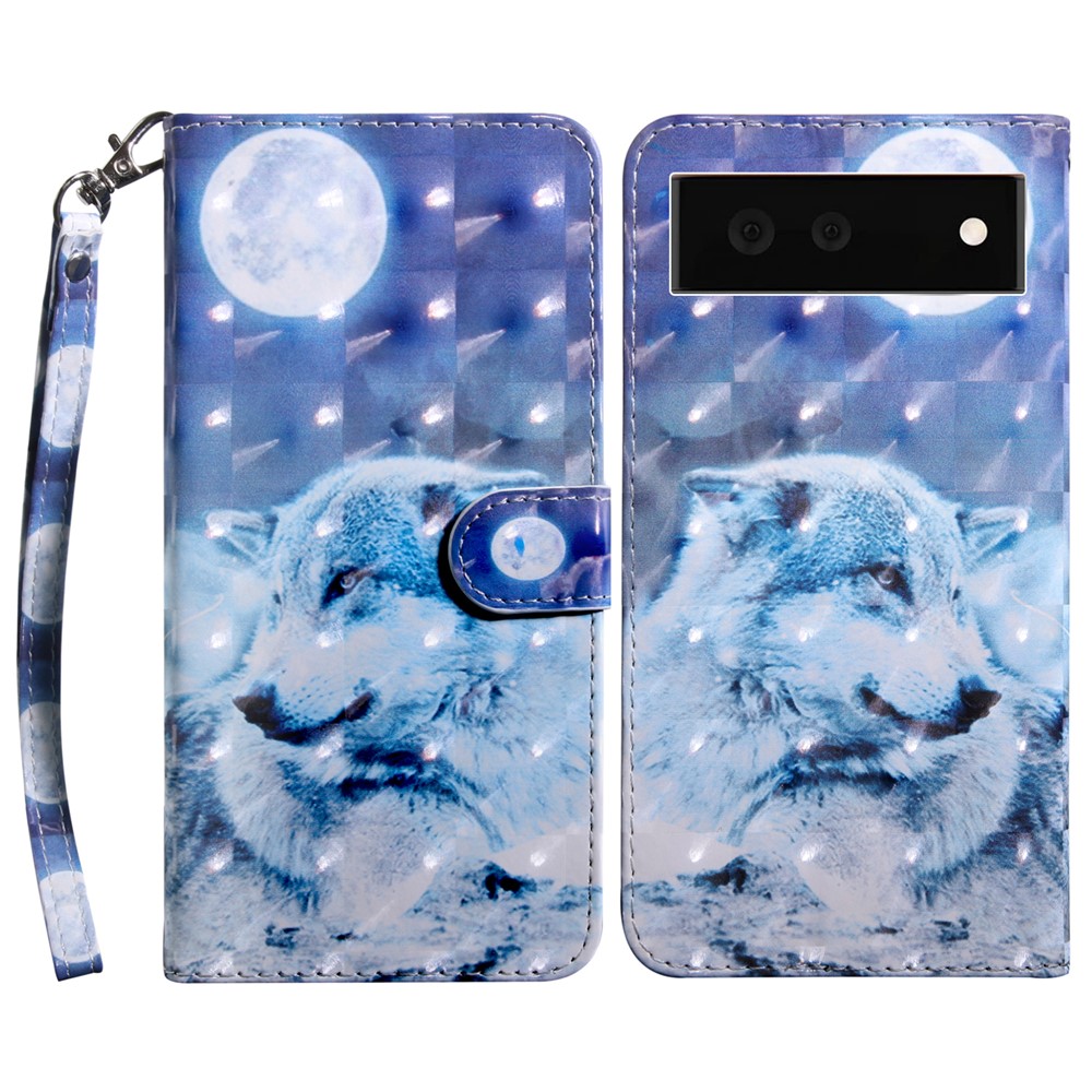 3D Pattern Printing Soft PU Leather Stand Magnetic Flip Wallet Phone Case with Strap for Google Pixel 6 - Snow Wolf-1