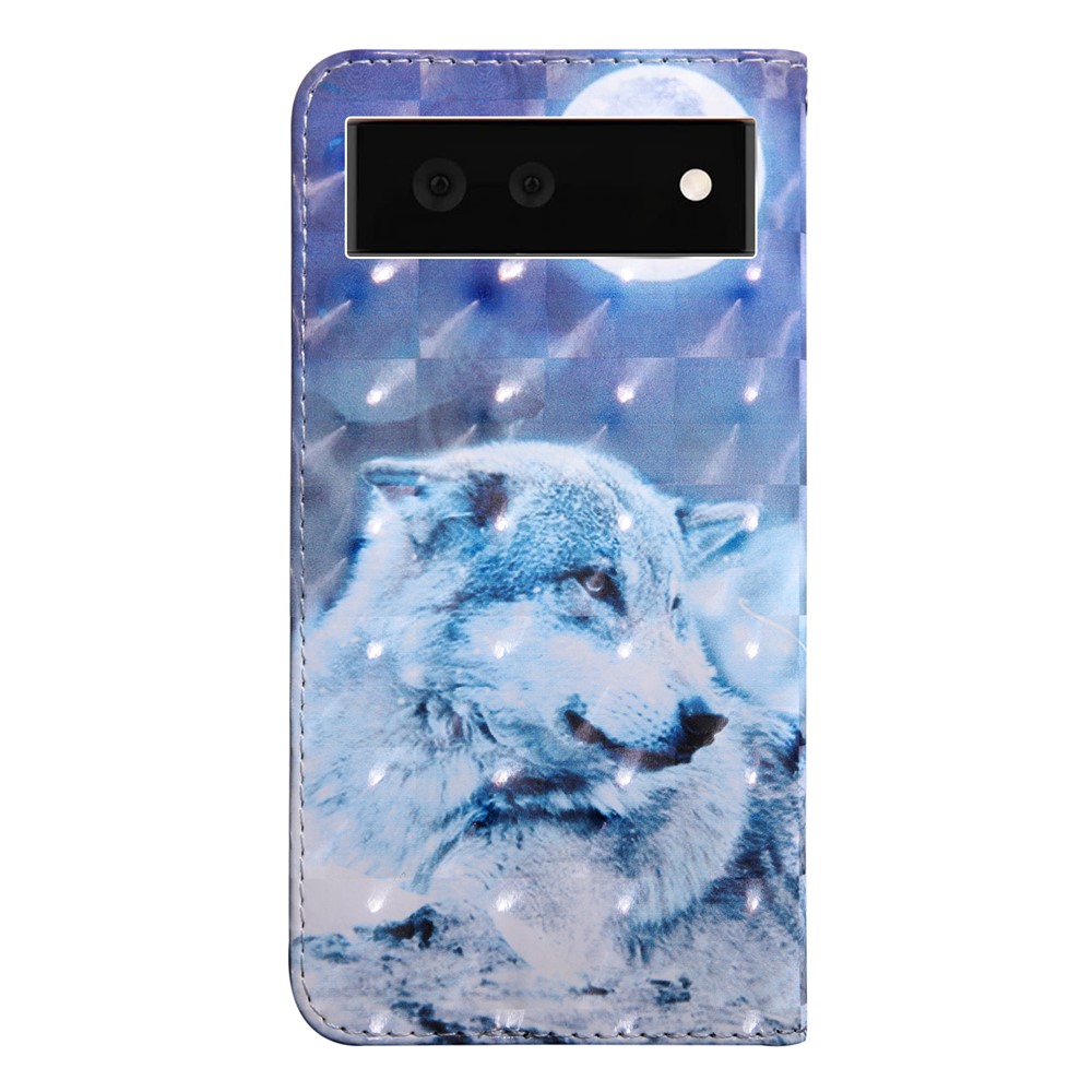 3D Pattern Printing Soft PU Leather Stand Magnetic Flip Wallet Phone Case with Strap for Google Pixel 6 - Snow Wolf-3