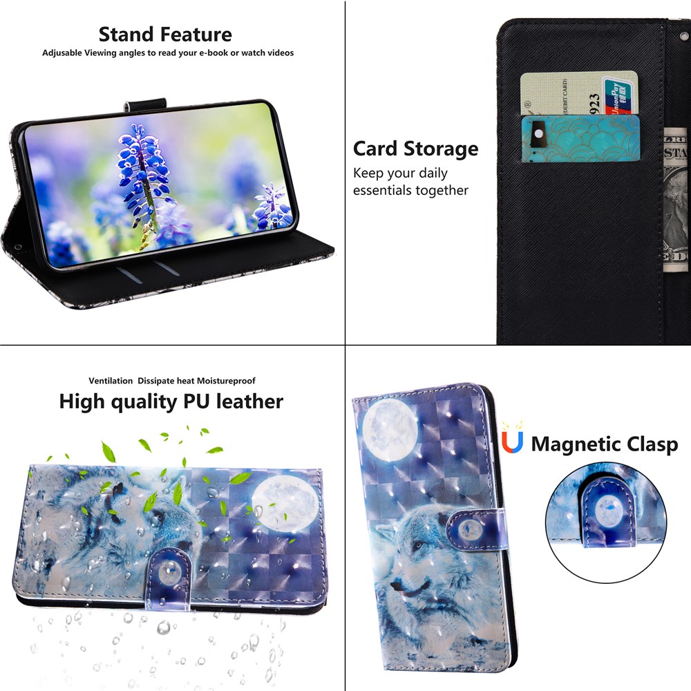 3D Pattern Printing Soft PU Leather Stand Magnetic Flip Wallet Phone Case with Strap for Google Pixel 6 - Snow Wolf-5