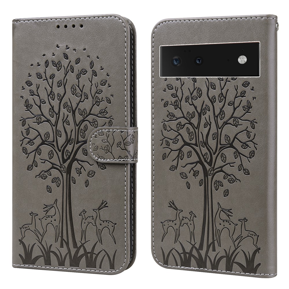 Anti-scratch Stand Phone Cover Imprinted Elk and Tree Pattern Wallet Leather Phone Case for Google Pixel 6 - Grey-1