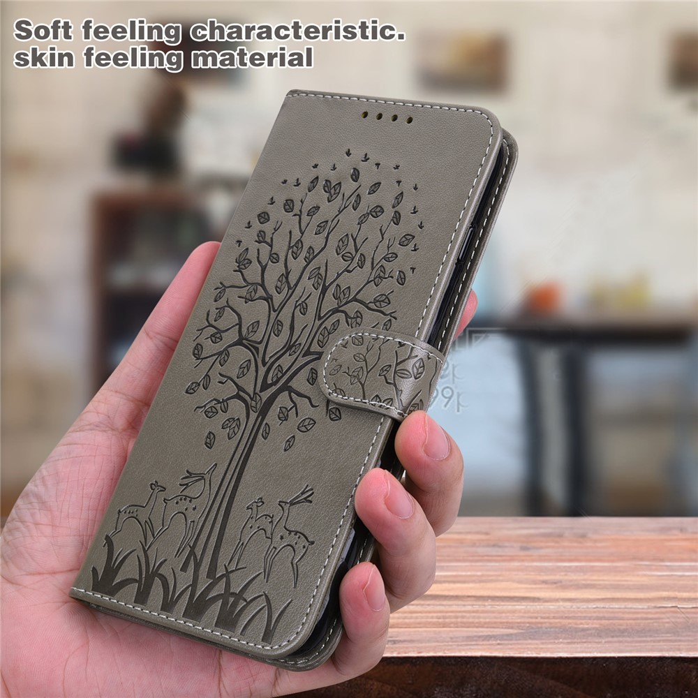 Anti-scratch Stand Phone Cover Imprinted Elk and Tree Pattern Wallet Leather Phone Case for Google Pixel 6 - Grey-7