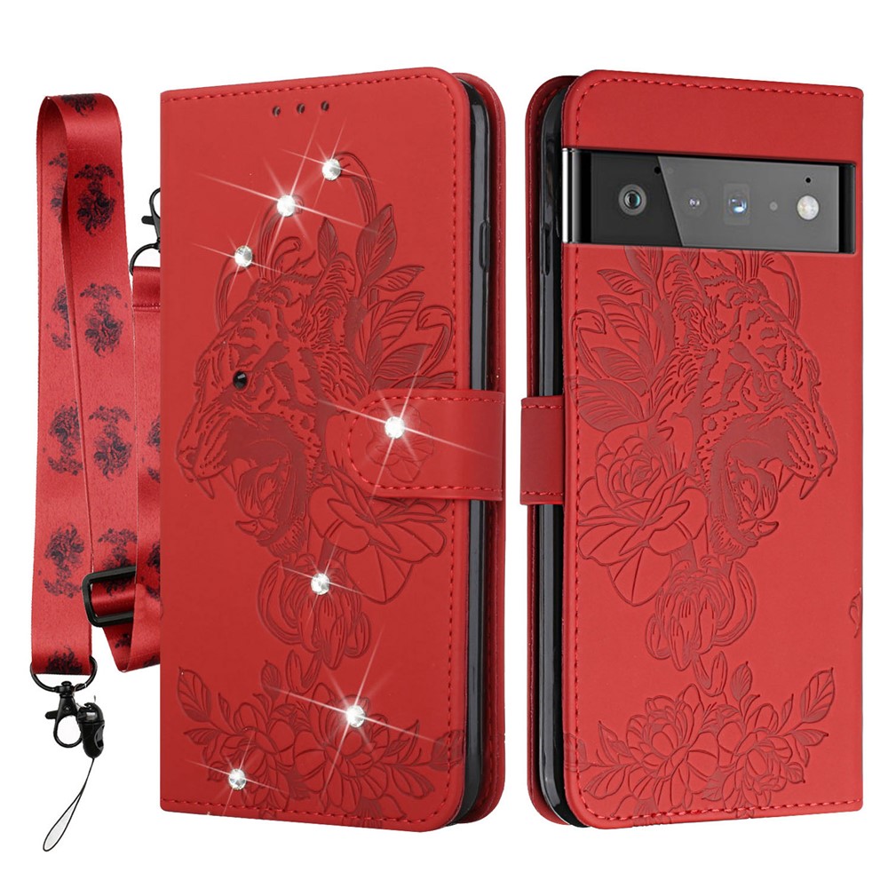 Lanyard Design Imprinting Tiger Head PU Leather Wallet Stand Case Phone Cover with Rhinestones Decor for Google Pixel 6 - Red-1