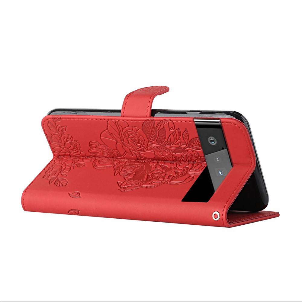 Lanyard Design Imprinting Tiger Head PU Leather Wallet Stand Case Phone Cover with Rhinestones Decor for Google Pixel 6 - Red-4