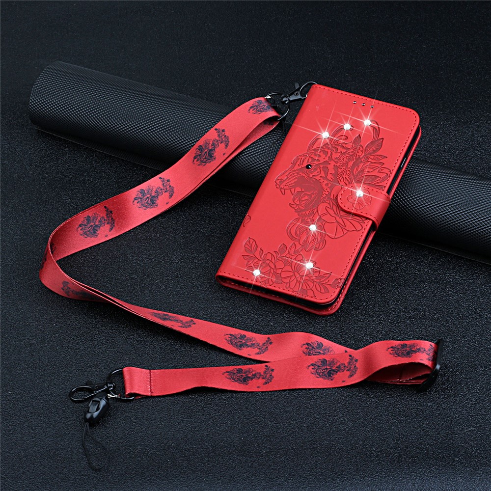 Tiger Head Imprinted Shiny Rhinestones Wallet Stand Leather Case Cover with Lanyard for Google Pixel 6 Pro - Red-7