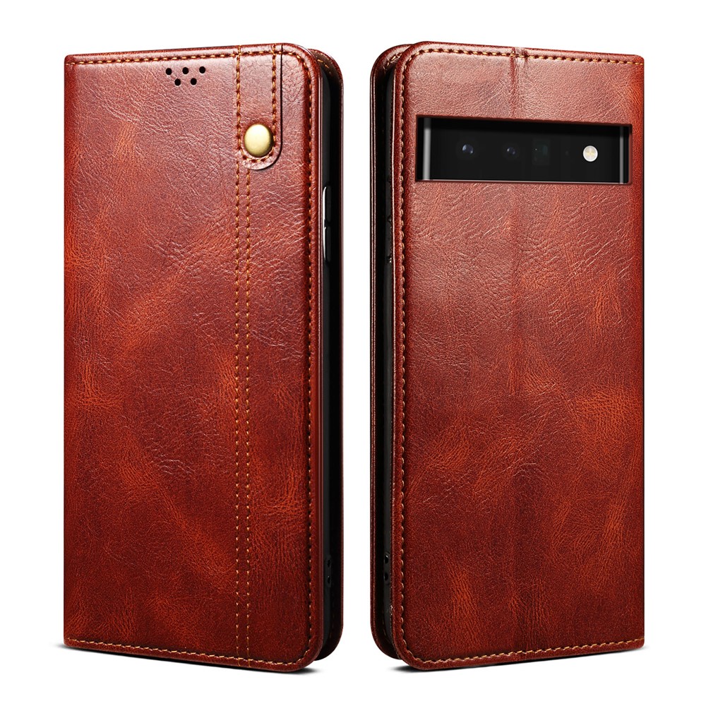 Waxy Crazy Horse Texture PU Leather Wallet Flip Shockproof Protective Phone Case with Stand for Google Pixel 6 - Brown-1