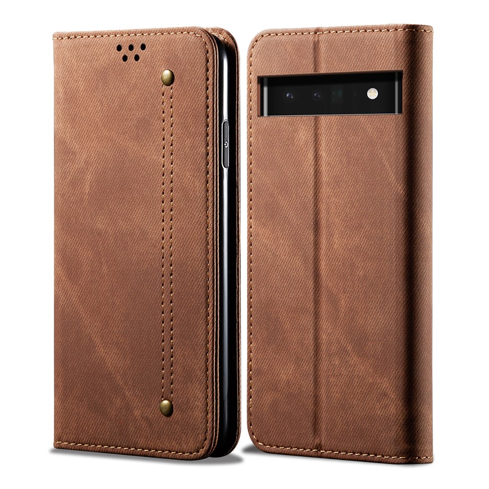 Jeans Cloth Texture Vintage PU Leather Wallet Stand Auto Magnetic Closed Protective Flip Phone Cover for Google Pixel 6 - Coffee-1