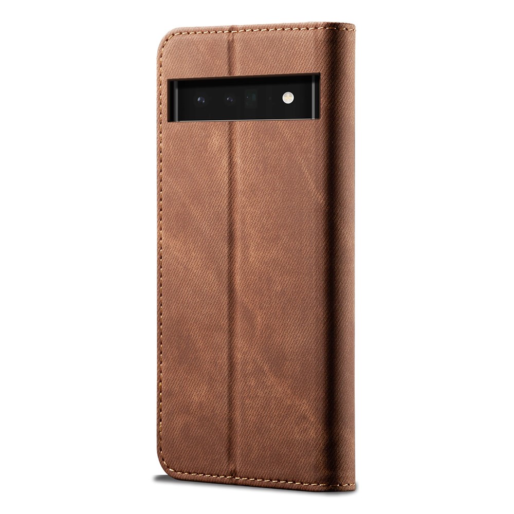 Jeans Cloth Texture Vintage PU Leather Wallet Stand Auto Magnetic Closed Protective Flip Phone Cover for Google Pixel 6 - Coffee-3