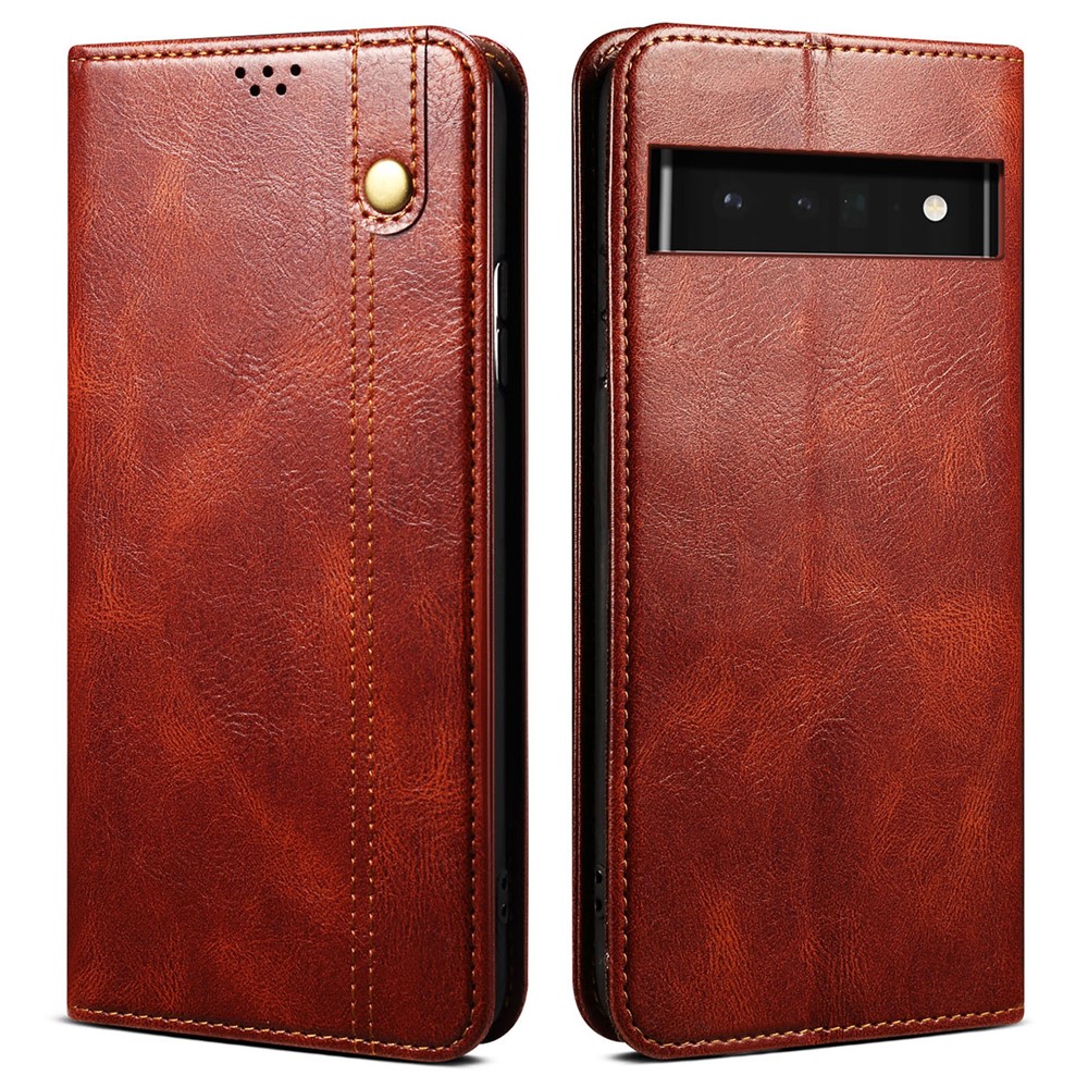 Waxy Crazy Horse Texture PU Leather Wallet Flip Shockproof Protective Phone Case with Stand for Google Pixel 6 Pro - Brown-1