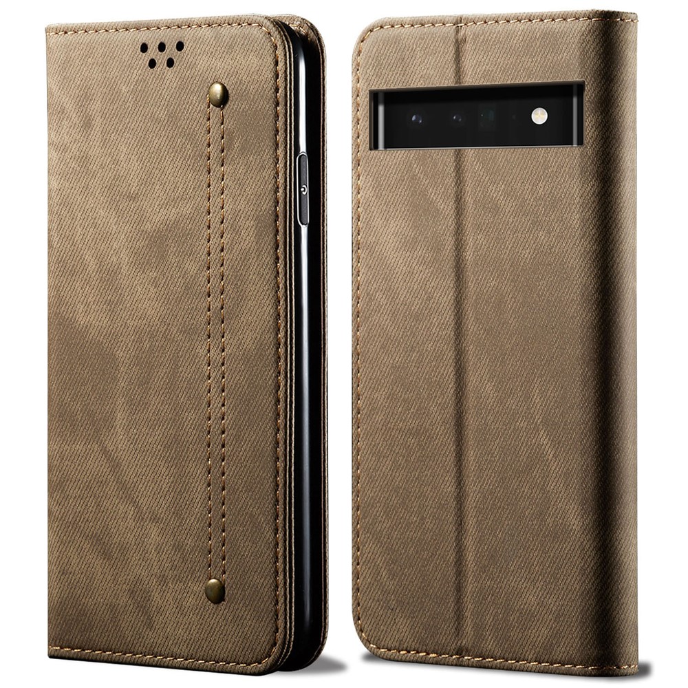 Jeans Cloth Texture Vintage PU Leather Wallet Stand Auto Magnetic Closed Protective Flip Phone Cover for Google Pixel 6 Pro - Khaki-1