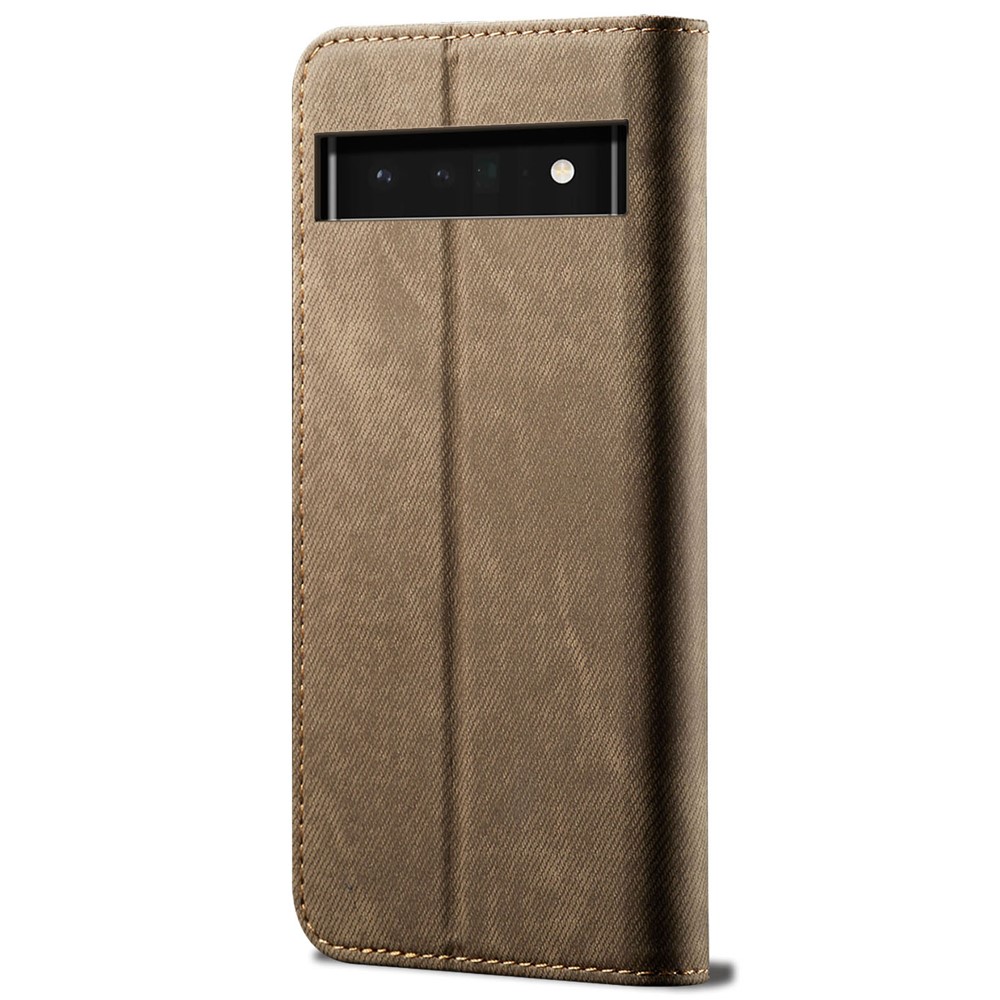 Jeans Cloth Texture Vintage PU Leather Wallet Stand Auto Magnetic Closed Protective Flip Phone Cover for Google Pixel 6 Pro - Khaki-6