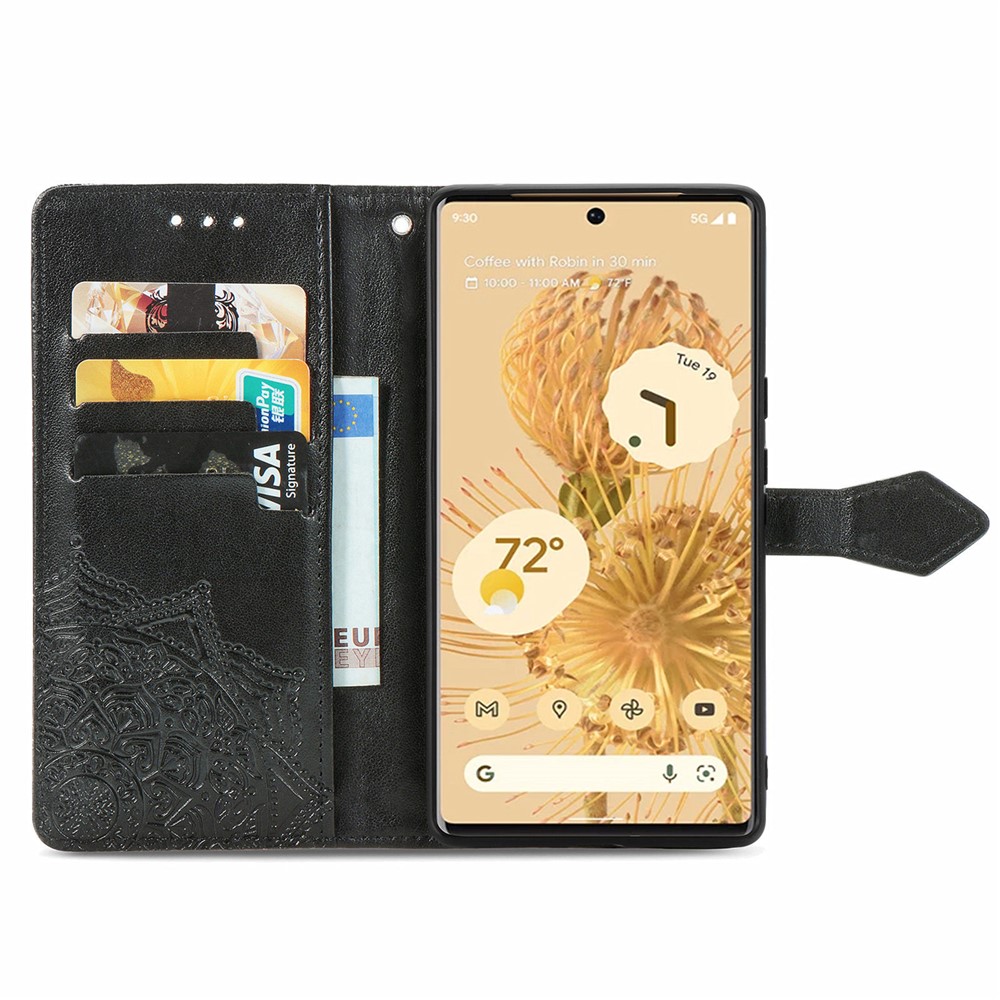 Embossed Mandala Flower Pattern PU Leather Wallet Magnetic Protective Stand Flip Cover with Strap for Google Pixel 6 Pro - Black-5
