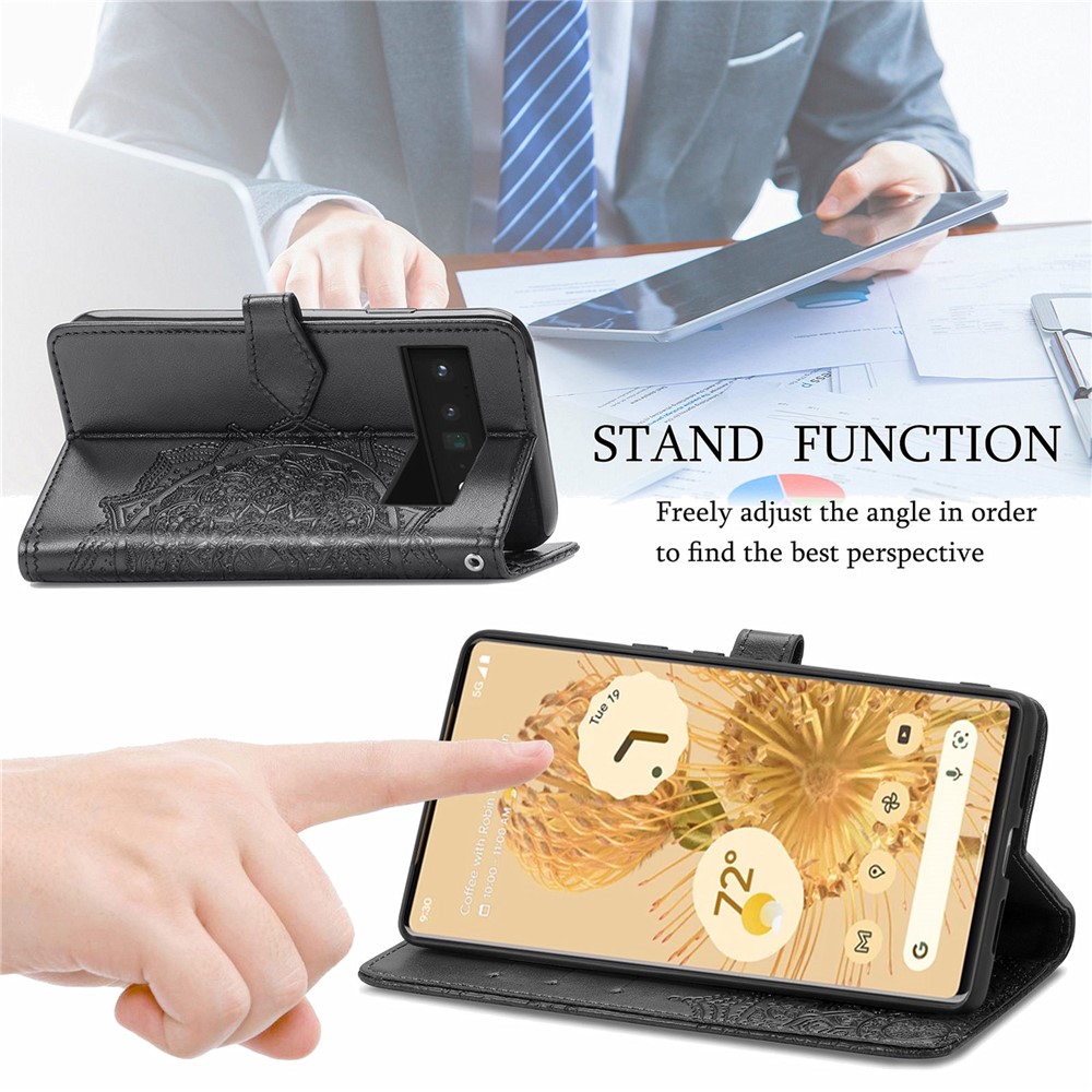 Embossed Mandala Flower Pattern PU Leather Wallet Magnetic Protective Stand Flip Cover with Strap for Google Pixel 6 Pro - Black-6