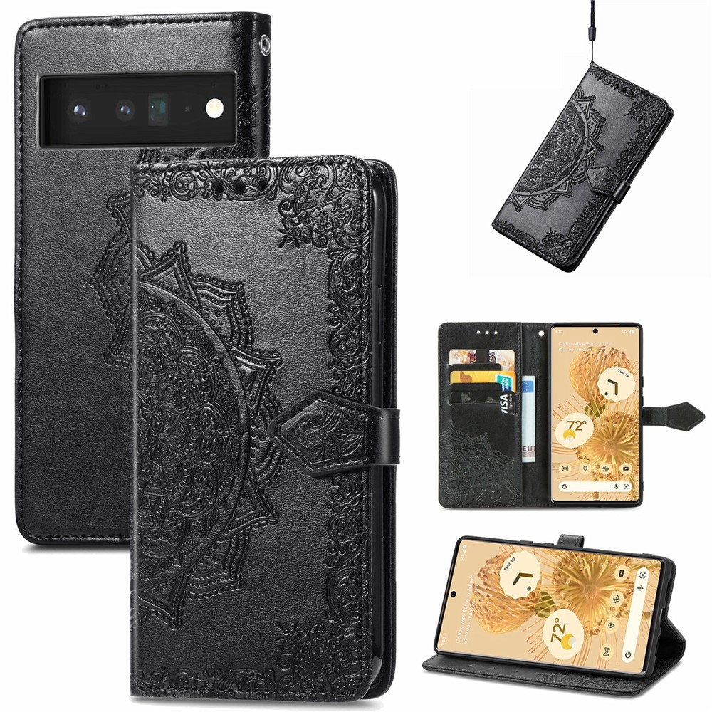 Embossed Mandala Flower Pattern PU Leather Wallet Magnetic Protective Stand Flip Cover with Strap for Google Pixel 6 Pro - Black-8
