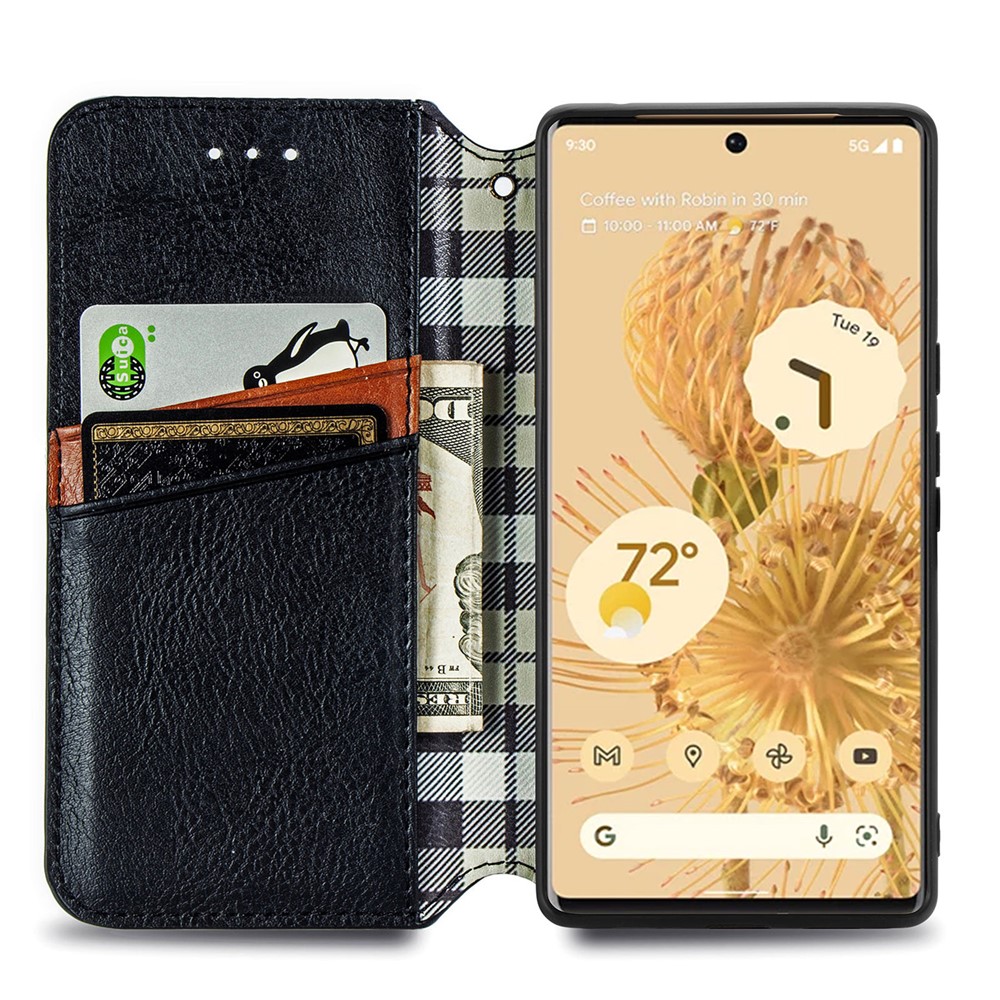 Rhombus Imprinted Fashion PU Leather Wallet Stand Flip Magnetic Auto-absorbed Case for Google Pixel 6 Pro - Black-5