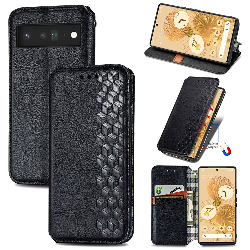 Rhombus Imprinted Fashion PU Leather Wallet Stand Flip Magnetic Auto-absorbed Case for Google Pixel 6 Pro - Black-8