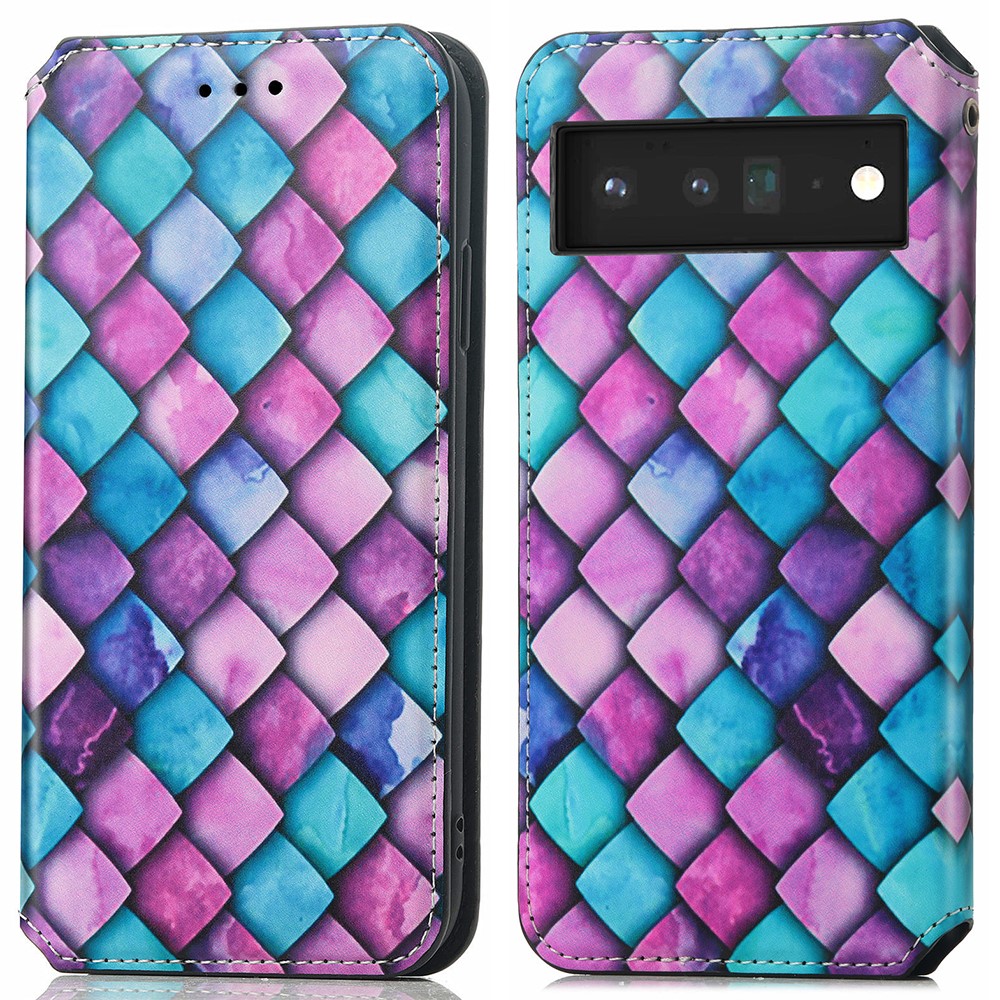 CASENEO 001 Series Pattern Printing Shockproof PU Leather Wallet Case Flip Stand Auto Magnetic Closed Cover for Google Pixel 6 Pro - Purple Scale-1