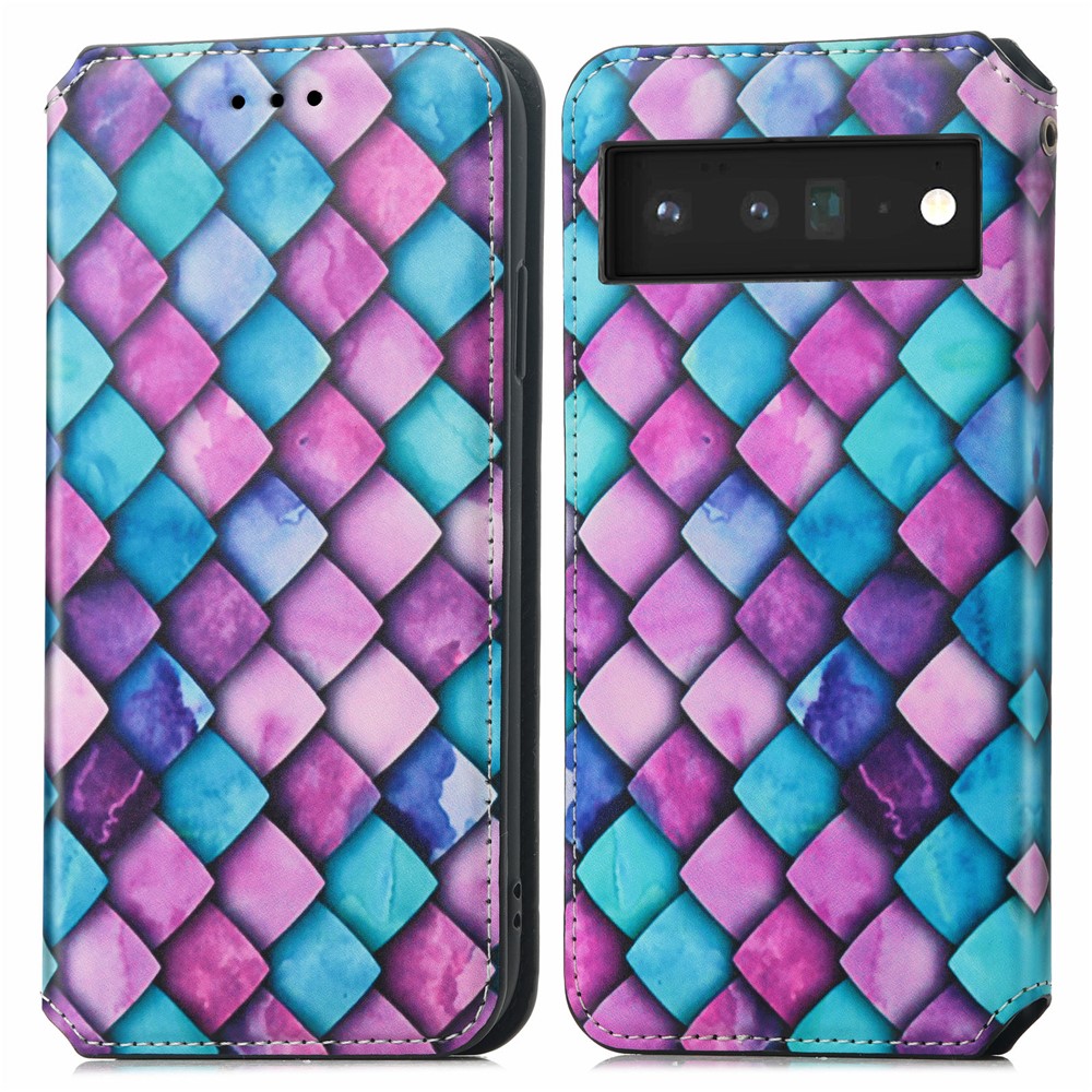 CASENEO 001 Series Pattern Printing PU Leather Wallet Stand Magnetic-Absorbed Protective Cover for Google Pixel 6 - Purple Scale-1