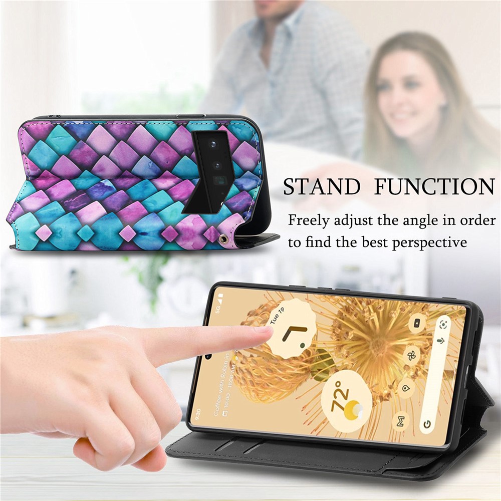 CASENEO 001 Series Pattern Printing PU Leather Wallet Stand Magnetic-Absorbed Protective Cover for Google Pixel 6 - Purple Scale-2