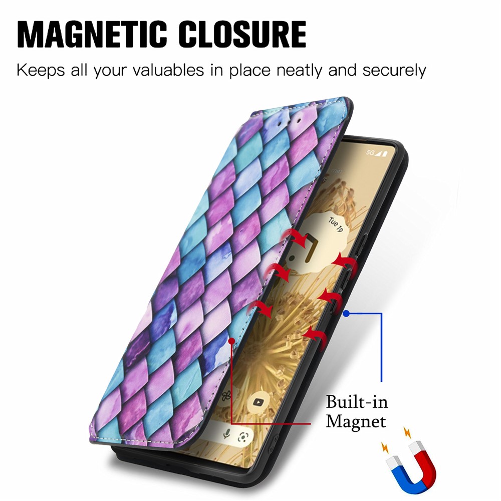 CASENEO 001 Series Pattern Printing PU Leather Wallet Stand Magnetic-Absorbed Protective Cover for Google Pixel 6 - Purple Scale-3