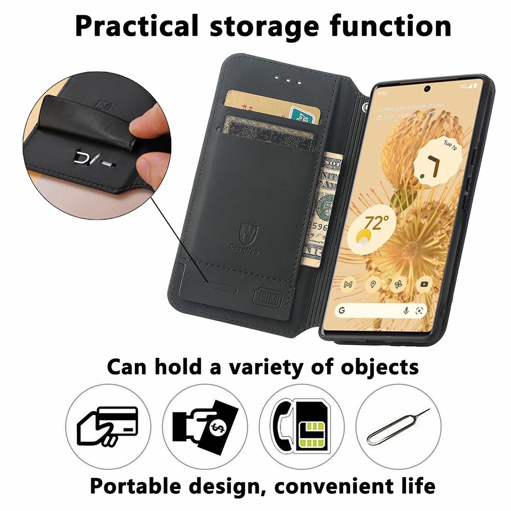 CASENEO 001 Series Pattern Printing PU Leather Wallet Stand Magnetic-Absorbed Protective Cover for Google Pixel 6 - Purple Scale-7