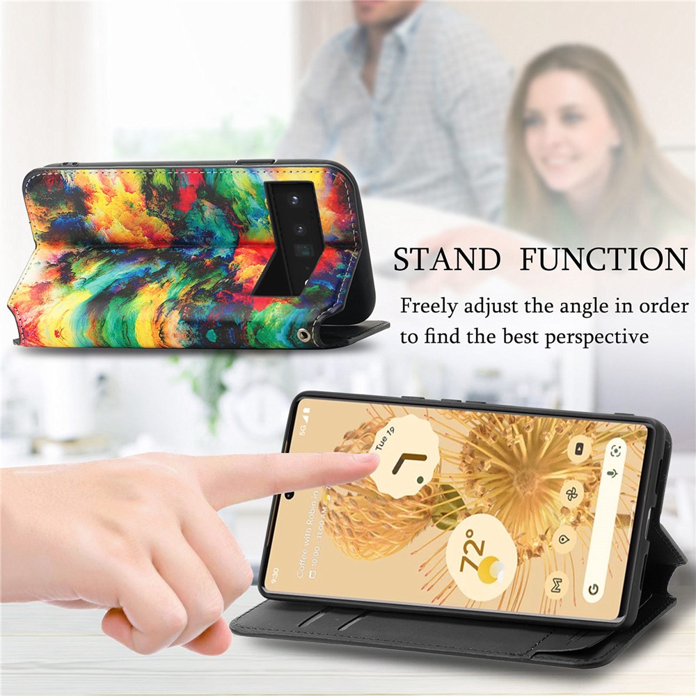 CASENEO 001 Series Pattern Printing PU Leather Wallet Stand Magnetic-Absorbed Protective Cover for Google Pixel 6 - Iridescent Cloud-2
