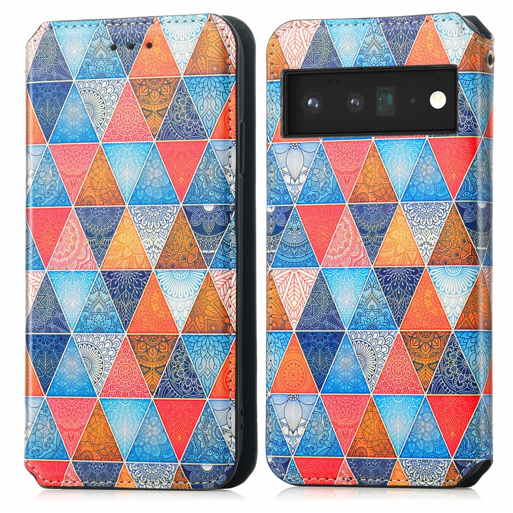 CASENEO 001 Series Pattern Printing PU Leather Wallet Stand Magnetic-Absorbed Protective Cover for Google Pixel 6 - Rhombus/Mandala-1