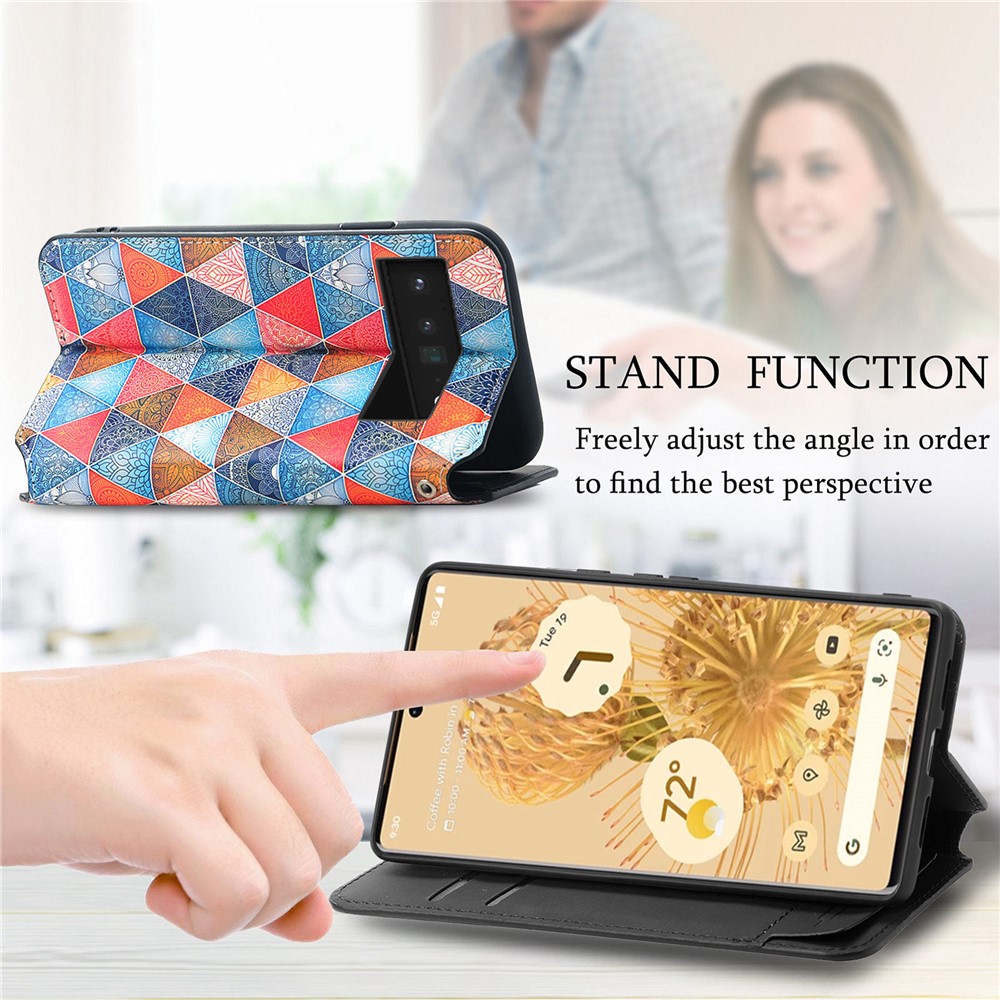 CASENEO 001 Series Pattern Printing PU Leather Wallet Stand Magnetic-Absorbed Protective Cover for Google Pixel 6 - Rhombus/Mandala-2