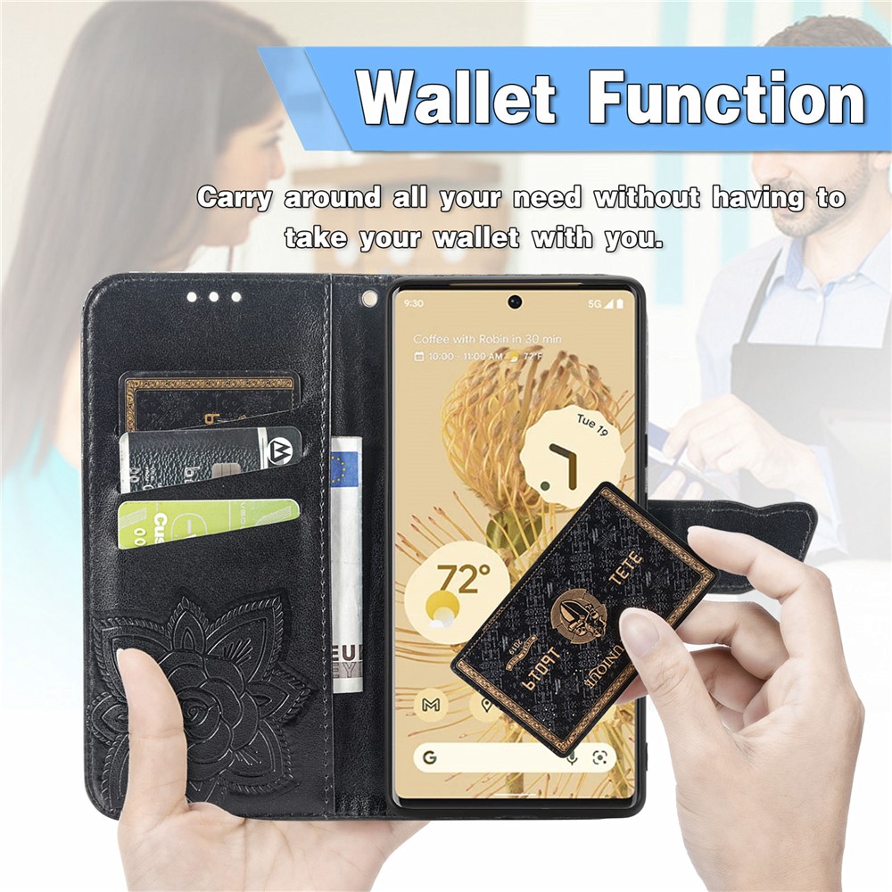 Stylish Imprinting Butterfly Flower Pattern Wallet Stand Phone Case Leather Cover for Google Pixel 6 - Black-2