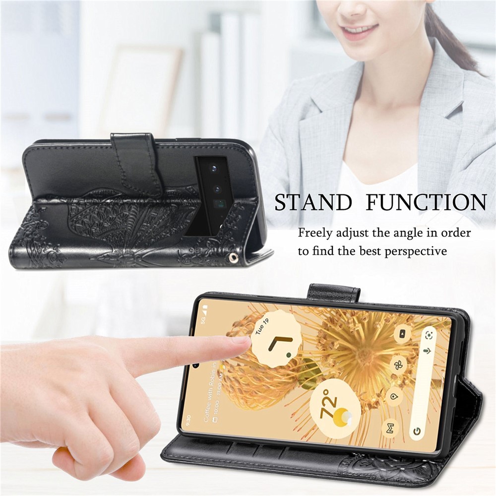 Stylish Imprinting Butterfly Flower Pattern Wallet Stand Phone Case Leather Cover for Google Pixel 6 - Black-4