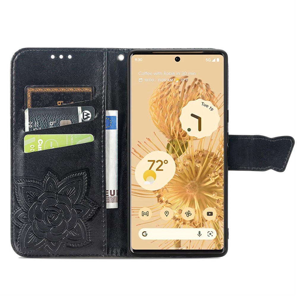 Stylish Imprinting Butterfly Flower Pattern Wallet Stand Phone Case Leather Cover for Google Pixel 6 - Black-6