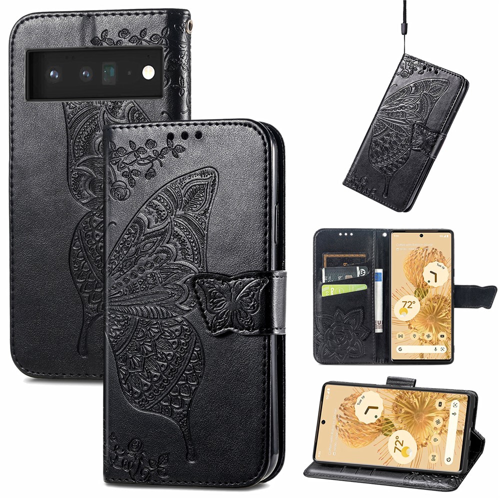 Stylish Imprinting Butterfly Flower Pattern Wallet Stand Phone Case Leather Cover for Google Pixel 6 - Black-9