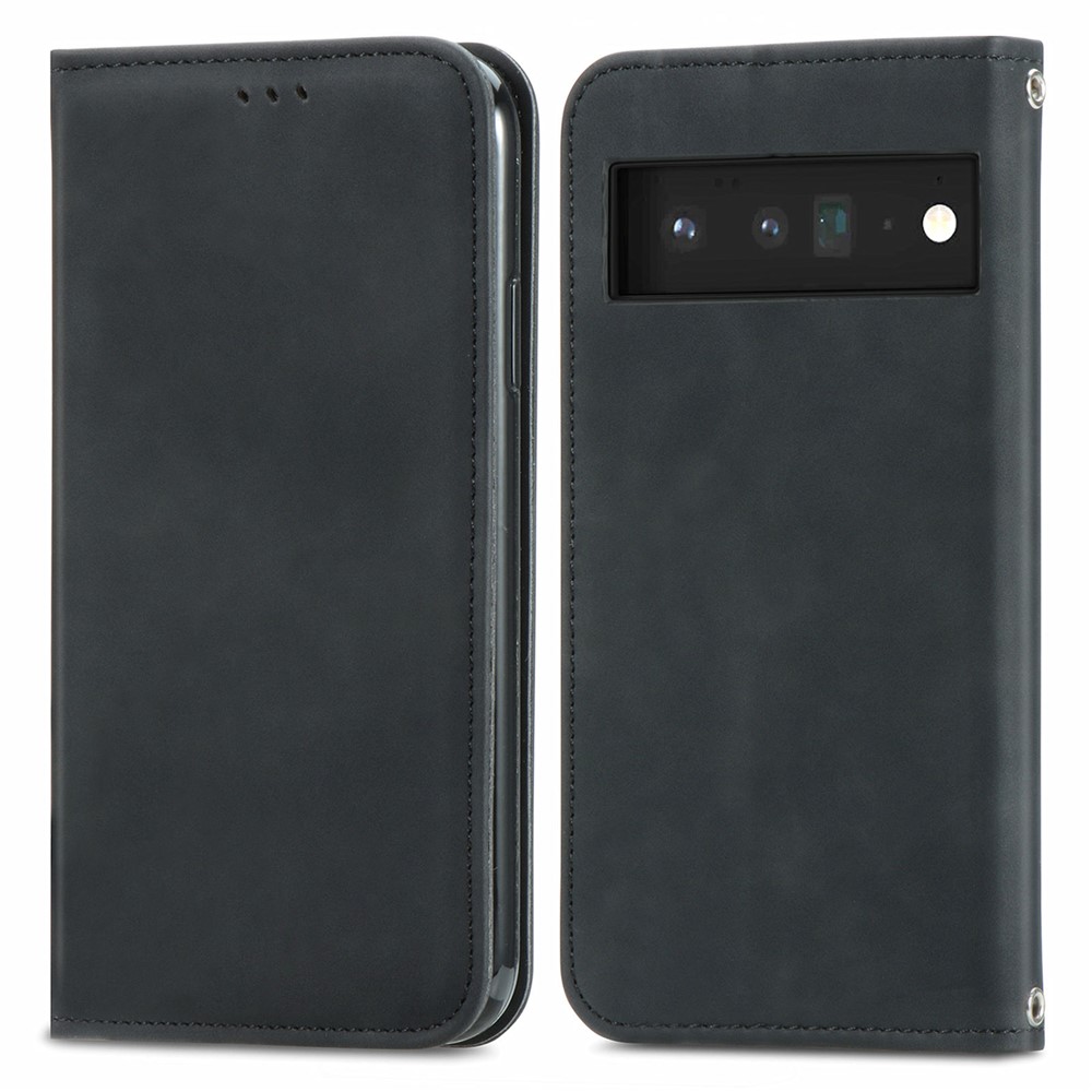 Shockproof Vintage Style Magnetic Auto-absorbed Skin-touch Leather Phone Cover Shell with Card Slots for Google Pixel 6 - Black-1
