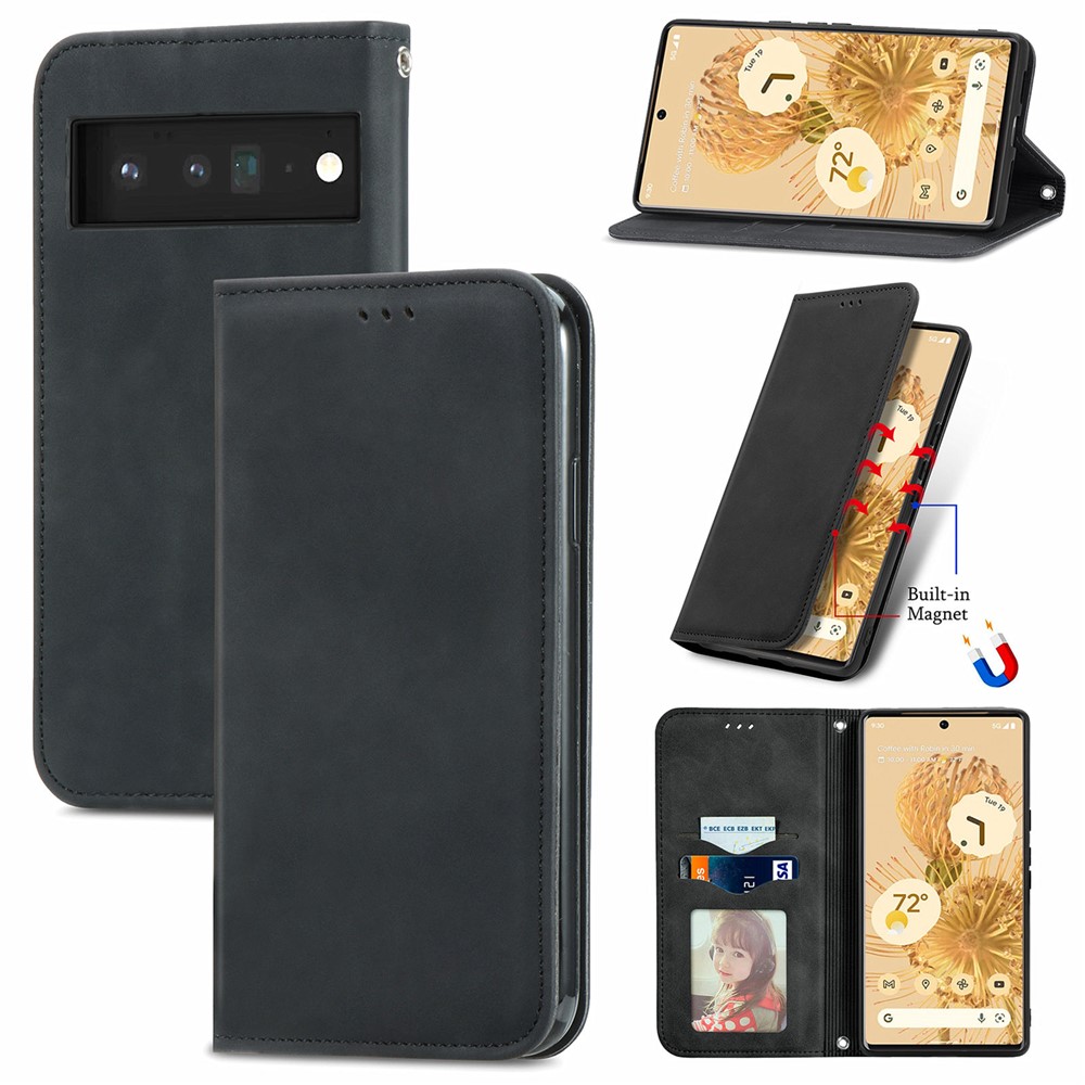 Shockproof Vintage Style Magnetic Auto-absorbed Skin-touch Leather Phone Cover Shell with Card Slots for Google Pixel 6 - Black-7