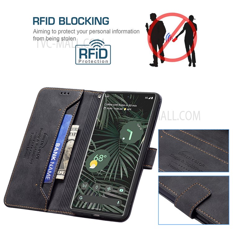 BINFEN COLOR Drop-resistant Phone Case Flip Design RFID Blocking Leather Stand Wallet Phone Cover Protector for Google Pixel 6 Pro - Black-3