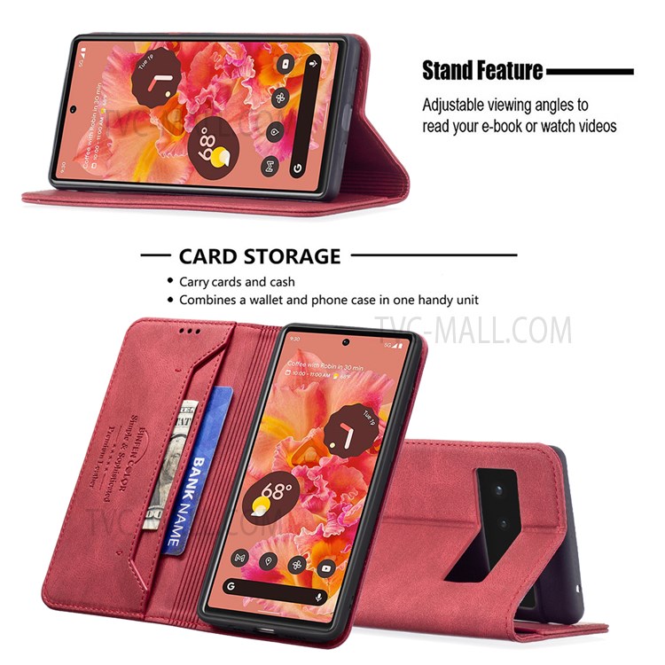 BINFEN COLOR For Google Pixel 6 Drop-resistant Phone Case Flip Design RFID Blocking Leather Stand Wallet Phone Cover Protector - Red-2