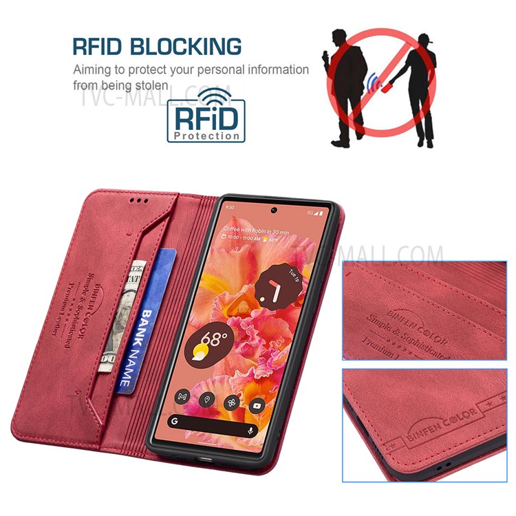 BINFEN COLOR For Google Pixel 6 Drop-resistant Phone Case Flip Design RFID Blocking Leather Stand Wallet Phone Cover Protector - Red-3